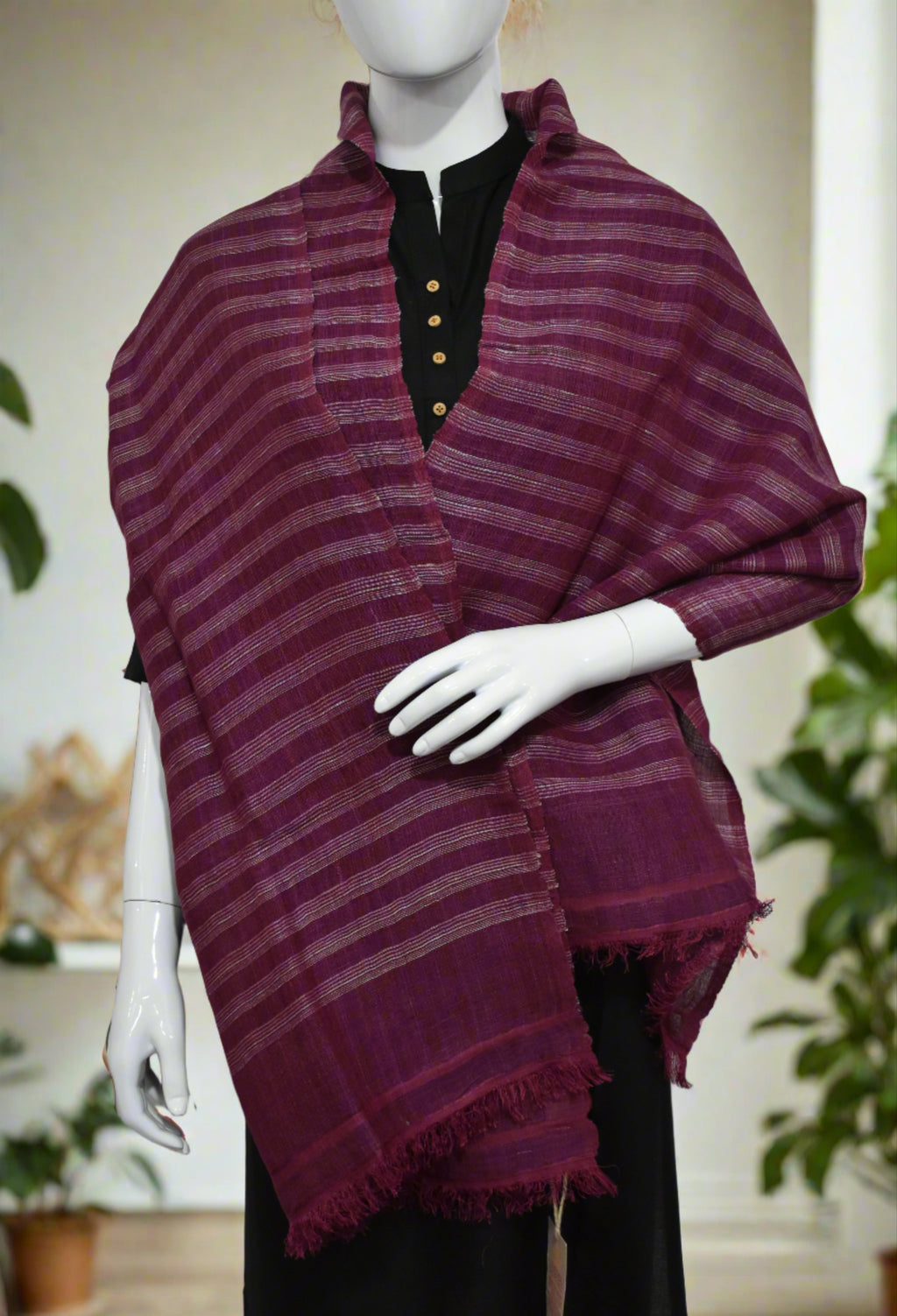 Linen Silk Stole | Berry Crush with White pinstripes