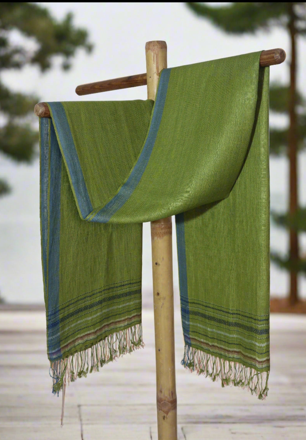 Linen Silk Stole | Olive Green with Indigo Border