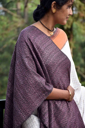 Almora Pattern Silk Wool Stole | Black and Purple