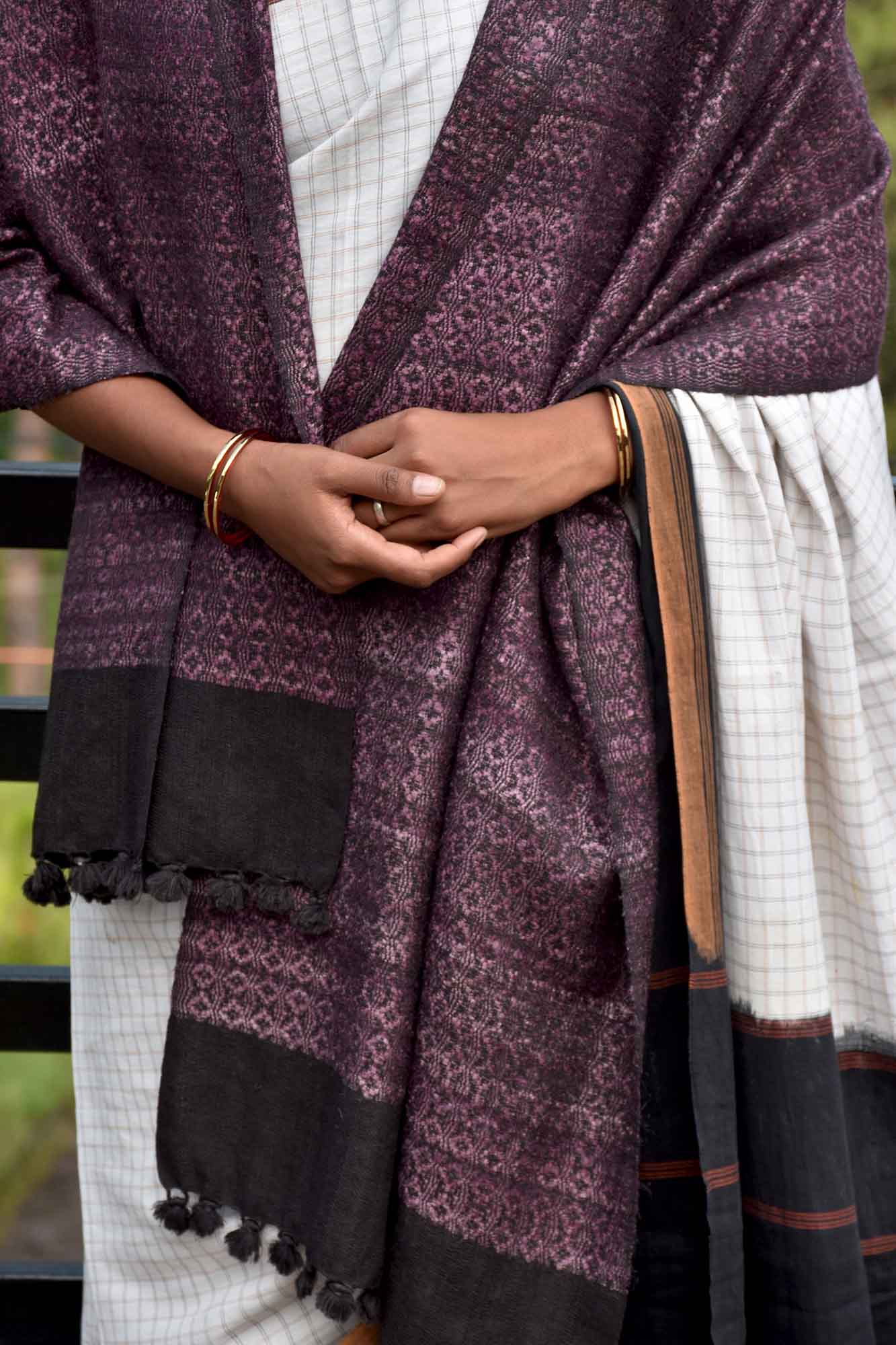 Almora Pattern Silk Wool Stole | Black and Purple