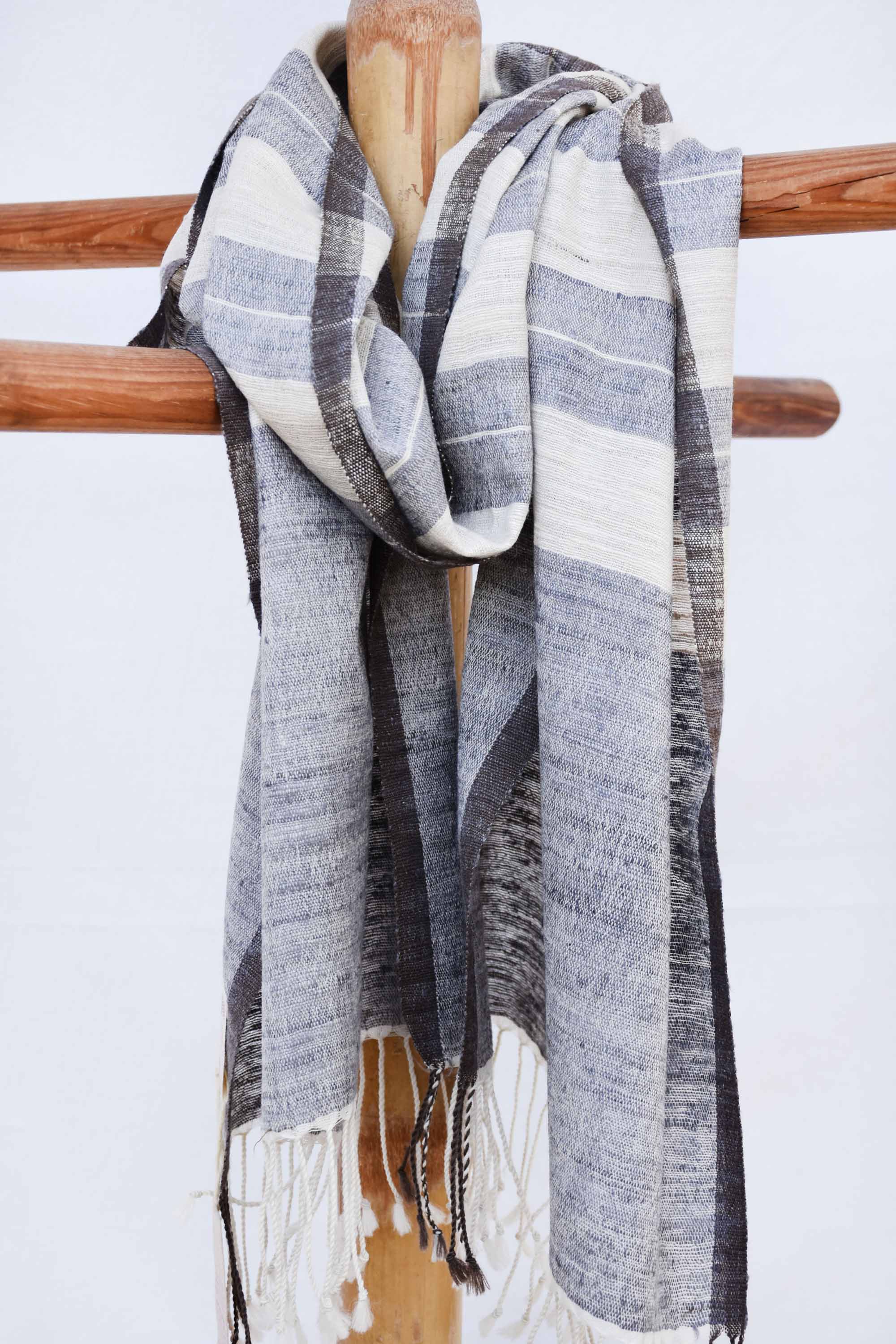Silk Wool Striped Stole | Grey and White