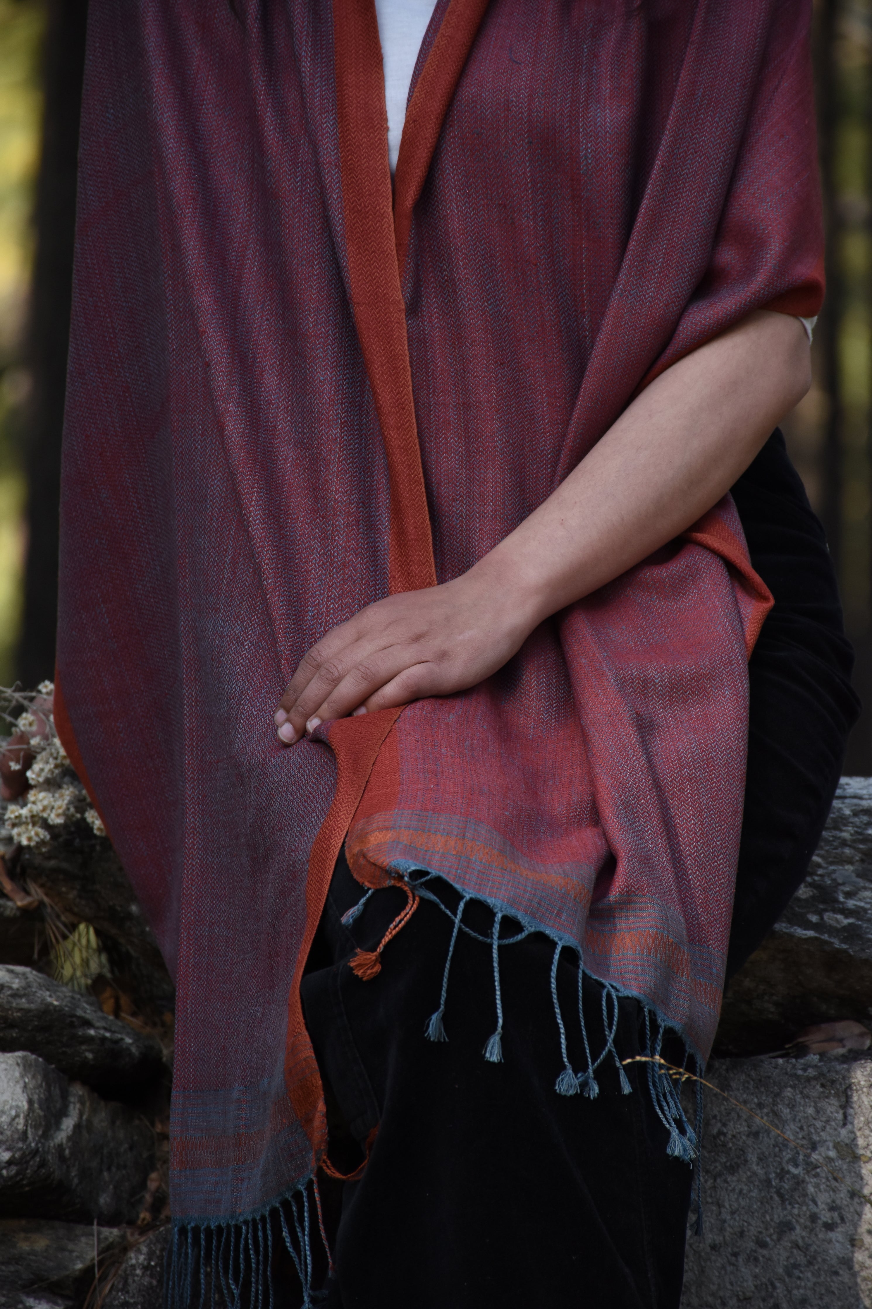 Pure Silk Stole | Teal & Red with Orange Border