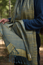 Silk & Wool Stole | Indigo Blue with Lime Yellow